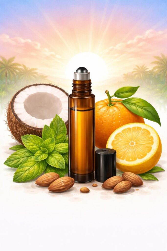 Kumi Ori roller in front of a coconut, lemon, orange, peppermint and almonds with a sunrise in the background.