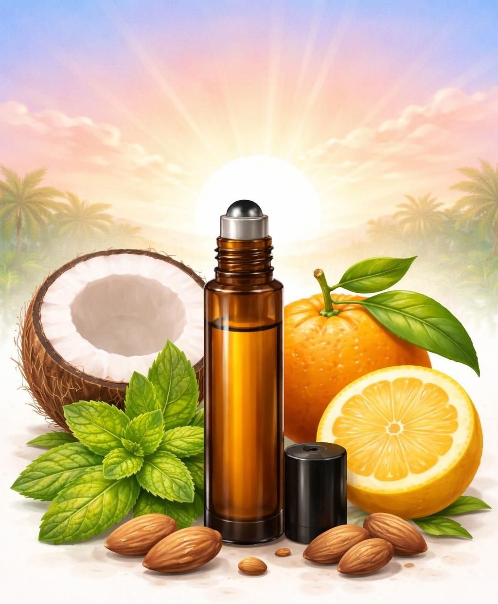 Kumi Ori roller in front of a coconut, lemon, orange, peppermint and almonds with a sunrise in the background.